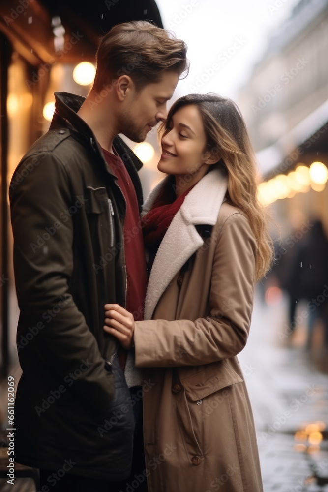 Young couple hugging on the street, Cozy atmosphere of happiness.