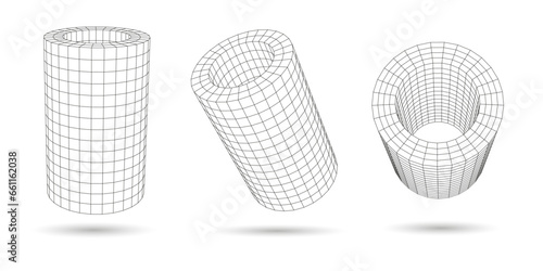 Set of lowpoly 3D geometric figures. Futuristic wireframe polygonal cylinders. For your web-site or banner and etc. Vector illustration.