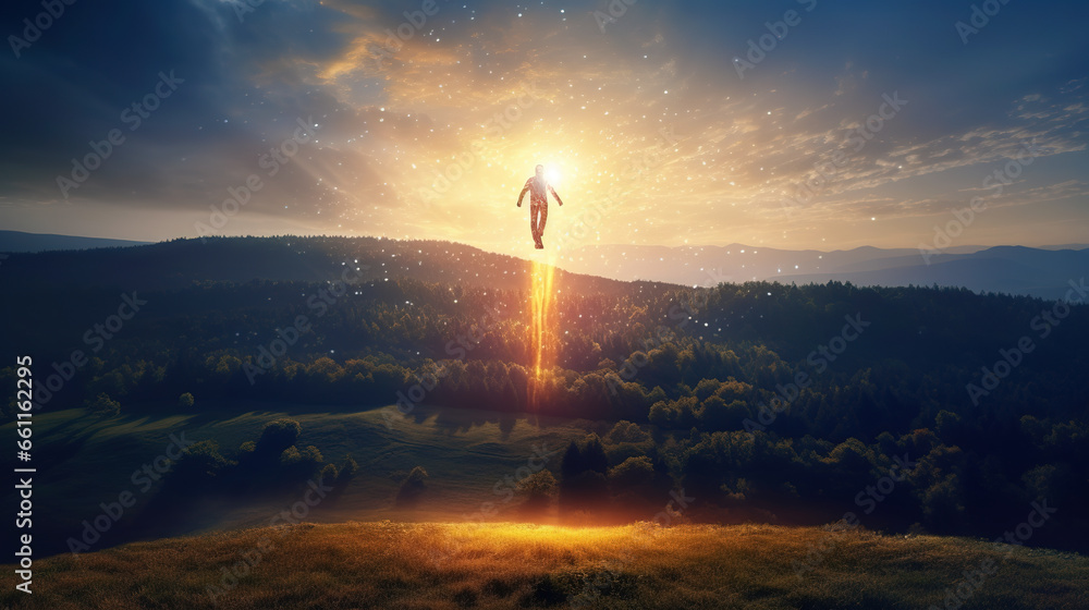 Human spirit raising to heaven in golden light. Mystical experience, afterlife, resurrection, astral projection, near death, and out of body experience concepts. - obrazy, fototapety, plakaty 