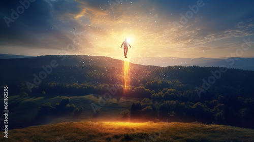 Fotografie, Obraz Human spirit raising to heaven in golden light