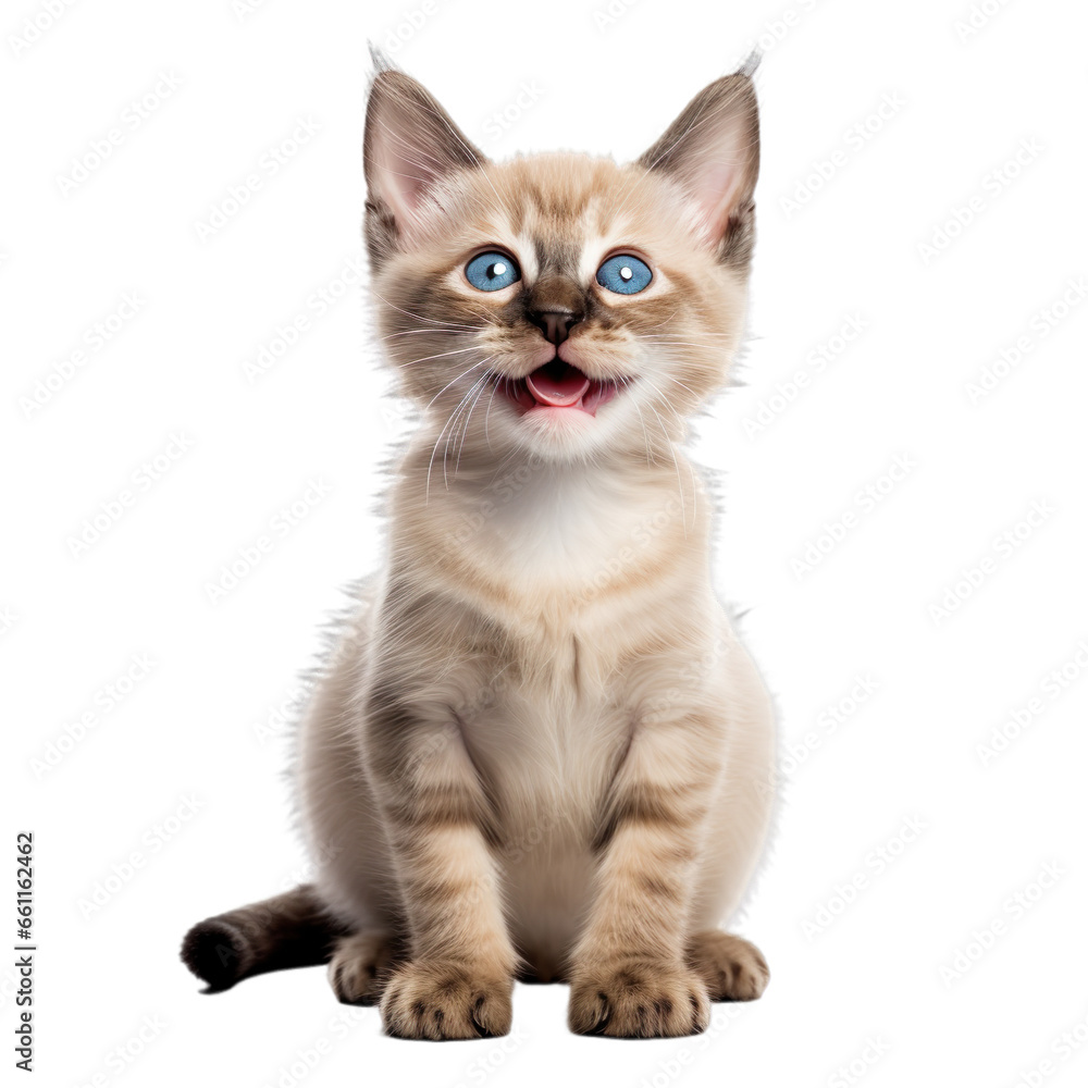 Front view close up of Balinese kitten isolated on a white transparent background