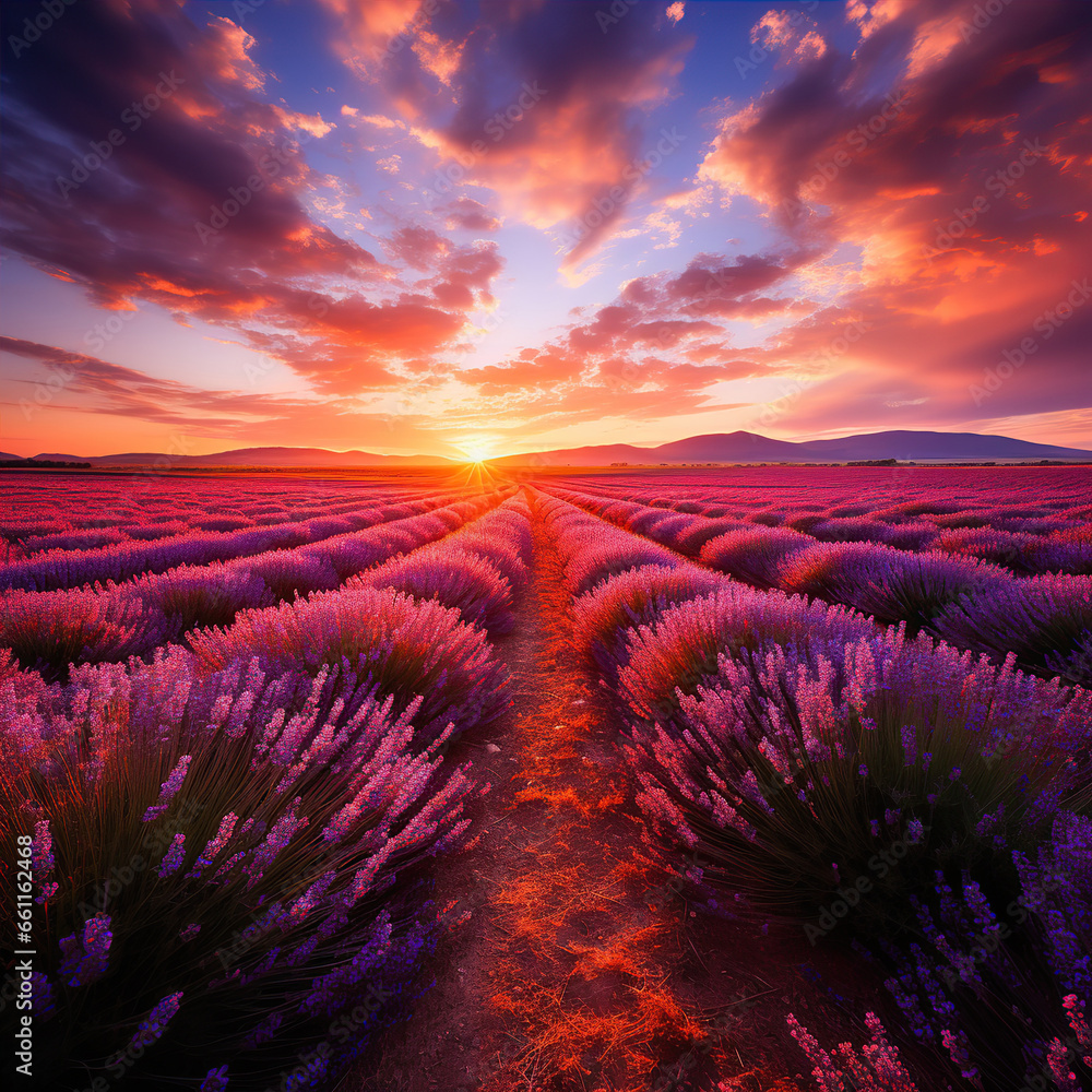 Fototapeta premium Sunset over endless lavender fields. Created with Generative AI