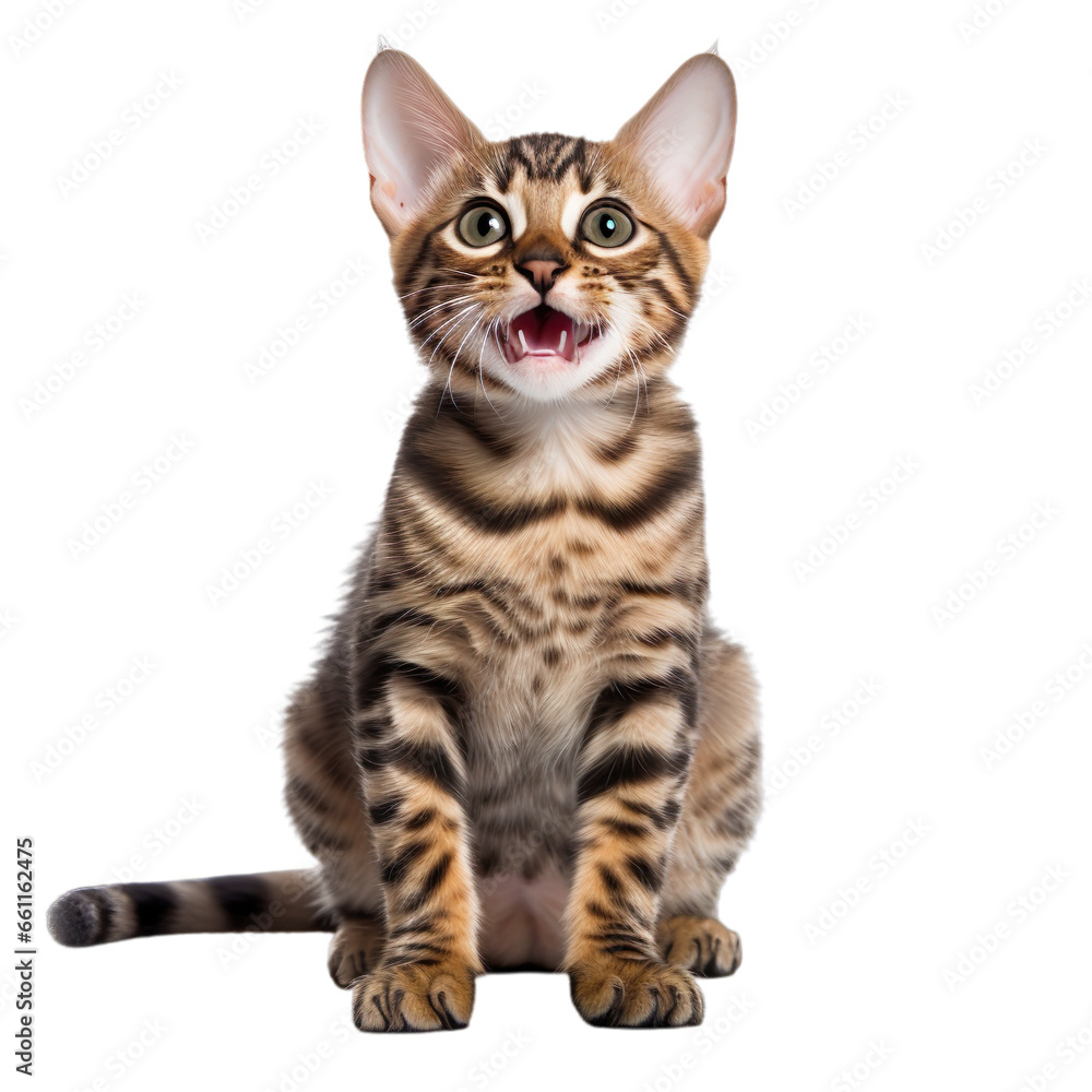 Front view close up of Bengal kitten isolated on a white transparent background