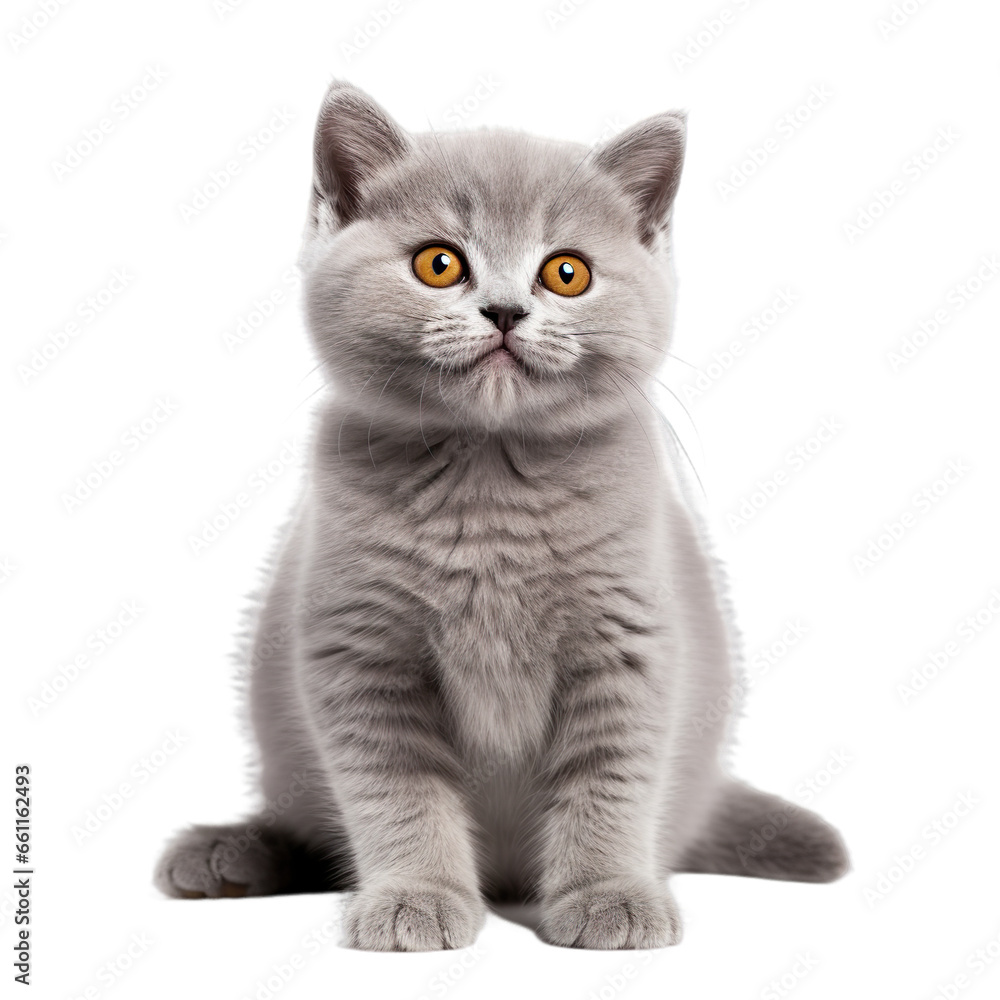 Front view close up of British Shorthair kitten isolated on a white transparent background