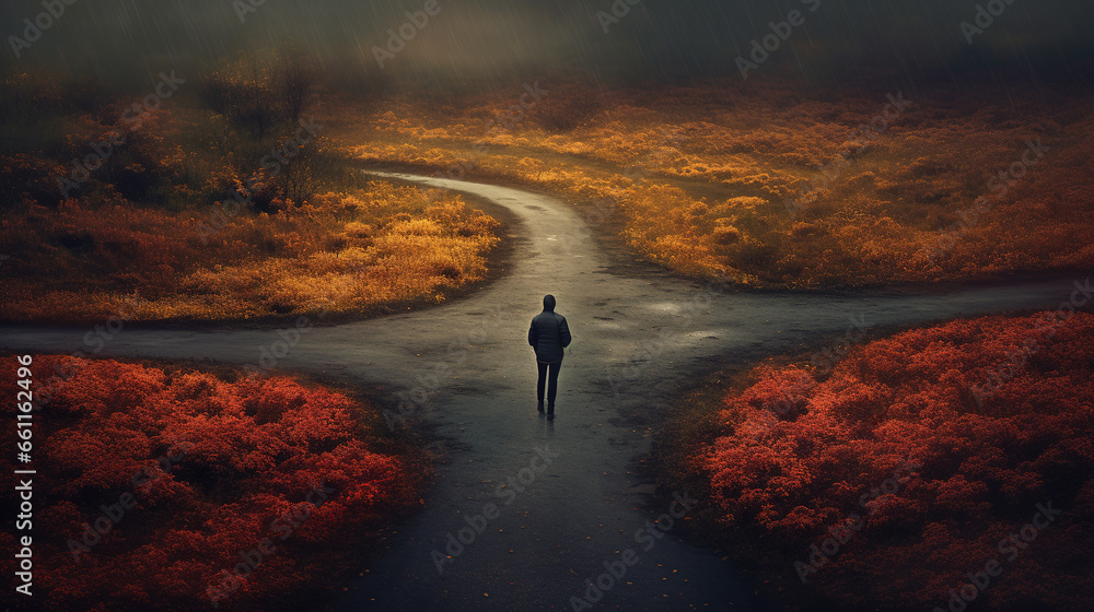 Man walking at the crossroads and choosing which way to go, on a dark and gloomy day. Concept of uncertain future and making decisions and choices in life. - obrazy, fototapety, plakaty 