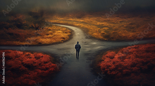 Man walking at the crossroads and choosing which way to go, on a dark and gloomy day. Concept of uncertain future and making decisions and choices in life.
