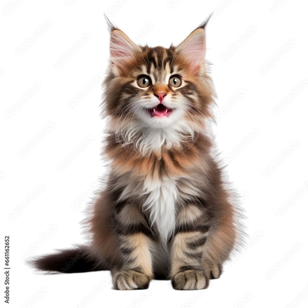 Front view close up of Norwegian Forest kitten isolated on a white transparent background Front view close up of Norwegian Forest kitten isolated on a white transparent background
