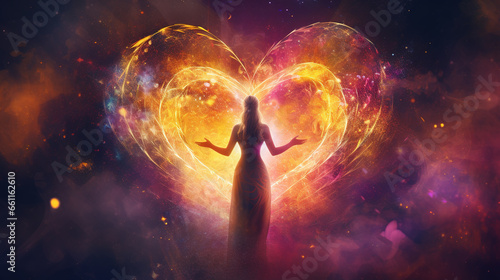 Woman creating a glowing heart made of light and energy. Spiritual love, romance, and Valentine Day concepts. Colorful artistic background.