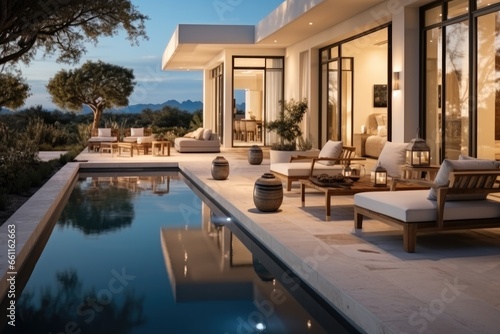 The outdoor space of a luxurious cozy home with pool  minimal decor  Great views.