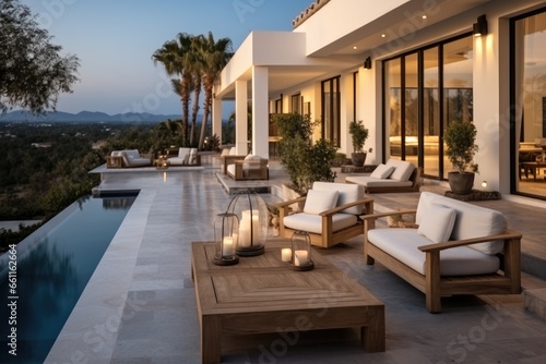 The outdoor space of a luxurious cozy home with pool  minimal decor  Great views.