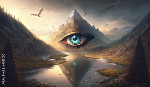 Pyramid with an open Third Eye reflecting in water in a magical landscape. Psychic visions, lucid dreaming, meditation, mystical experience, and awakening concepts. photo