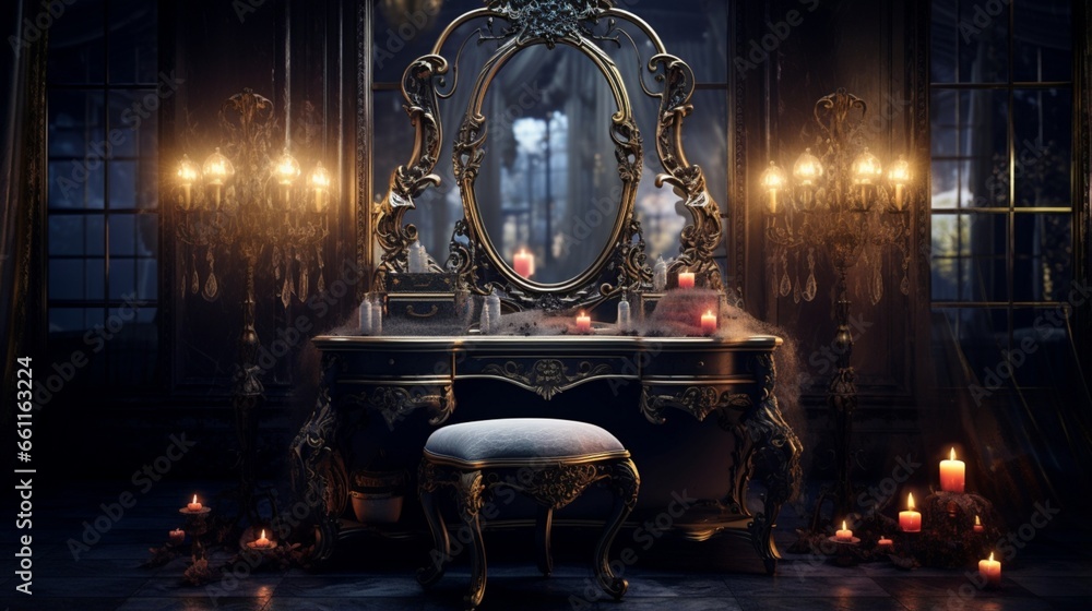 A luxurious vanity table with a lighted mirror.