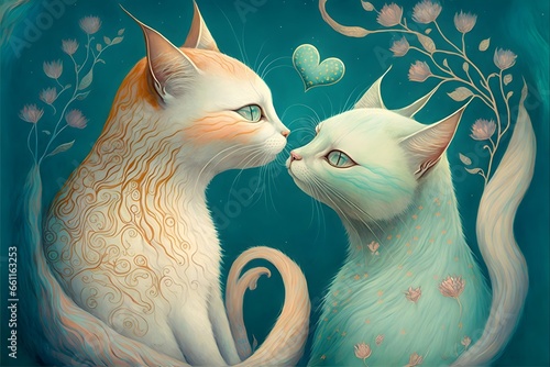 by Jessica Doyle fine details art Whimsical fantasy art painting couple of romantic cats in love 2 cinematic pastel muted colours beautiful  photo