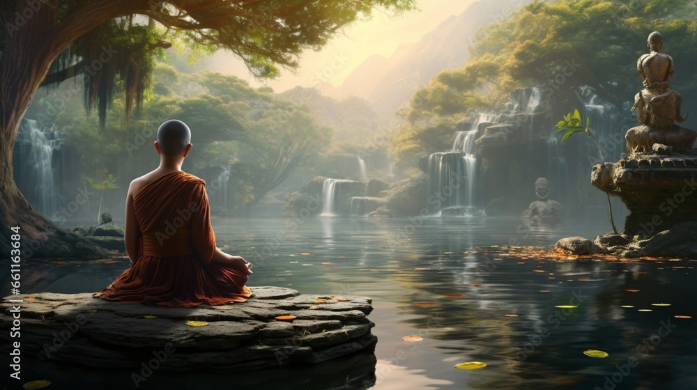 A meditating monk beside a shimmering pond, reflecting the Buddha's teachings.