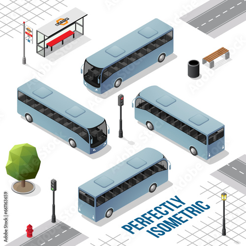Blue Grey Isometric Bus from the Front Back Right and Left