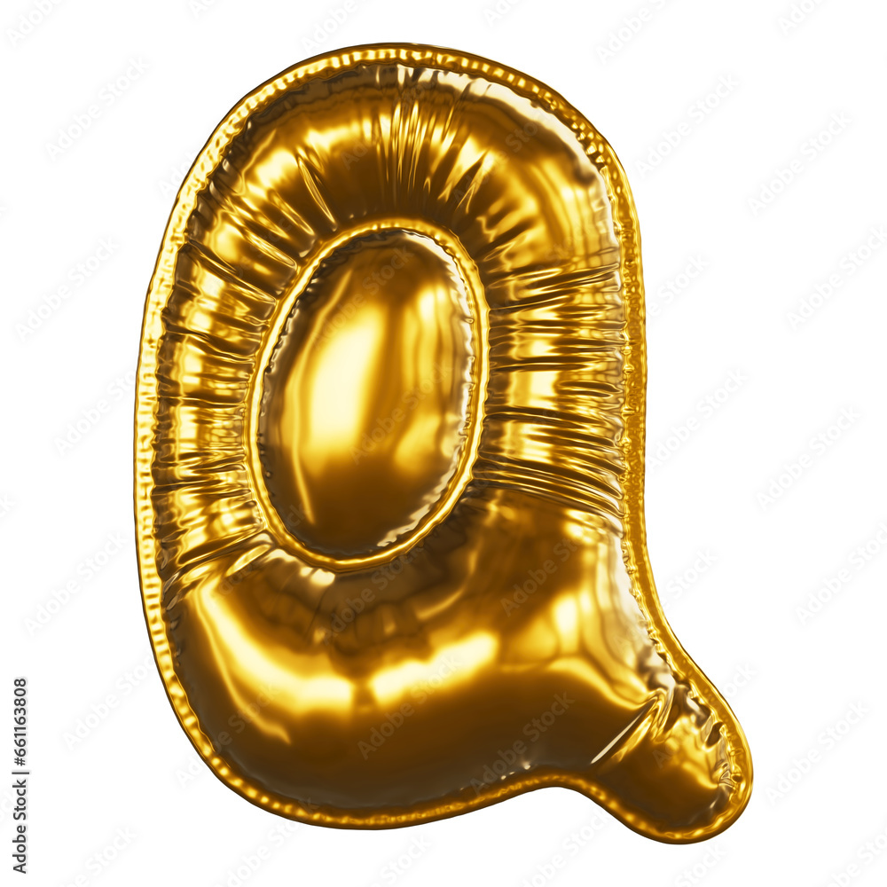 Realistic gold font 3D render - letter Q. Inflated Balloons gold foil letter. Illustration isolated on a transparent background.