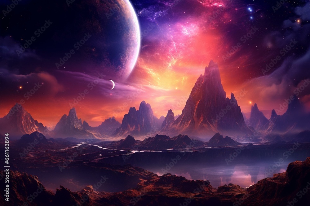 Vibrant space scenery with dreamy nebula, planet, and mountain landscape. Meticulously rendered in 3D. Generative AI
