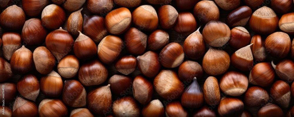 Many chestnuts together, panorama. Generative Ai. Many chestnuts together, panorama. Generative Ai.