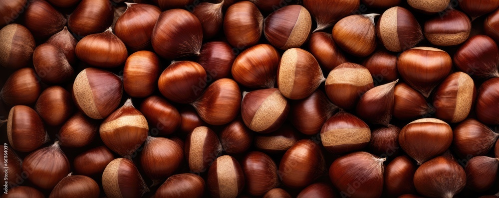 Many chestnuts together, panorama. Generative Ai. Many chestnuts together, panorama. Generative Ai.