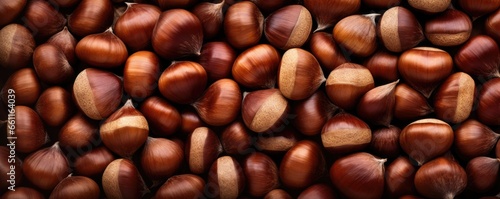 Many chestnuts together, panorama. Generative Ai. photo