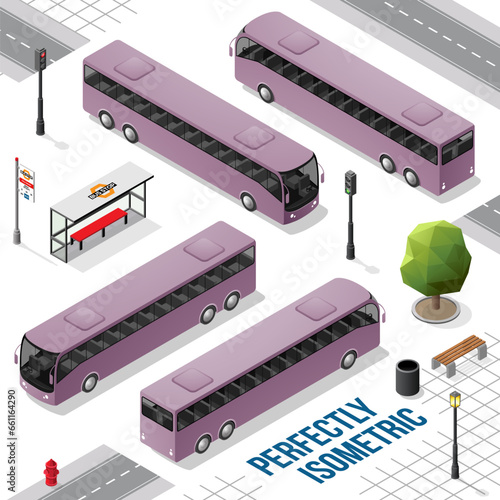 Purple Long Isometric Bus from the Front Back Right and Left