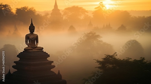 A misty sunrise over a mist-covered temple with a Buddha statue in the foreground.
