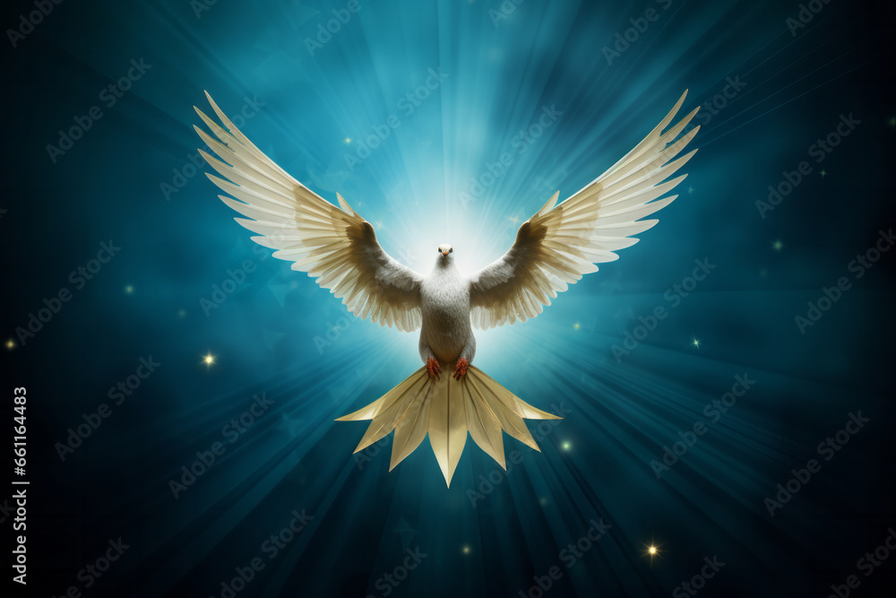 Abstract illustration of a beautiful white peace dove flying - obrazy, fototapety, plakaty 