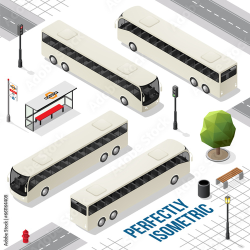 White Long Isometric Bus from the Front Back Right and Left