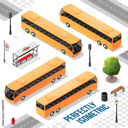Yellow Long Isometric Bus from the Front Back Right and Left