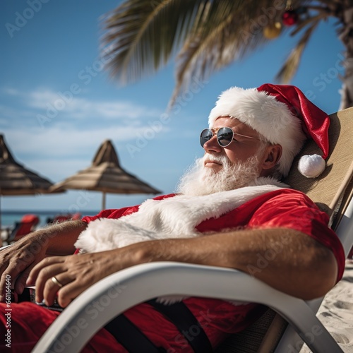 Santa Claus relaxing on tropical beach. He is lying on a sunlounger, sipping a cocktail, and enjoying the sunshine. Perfect for creating Christmas cards, posters, or other holiday themed designs. © Fokasu Art