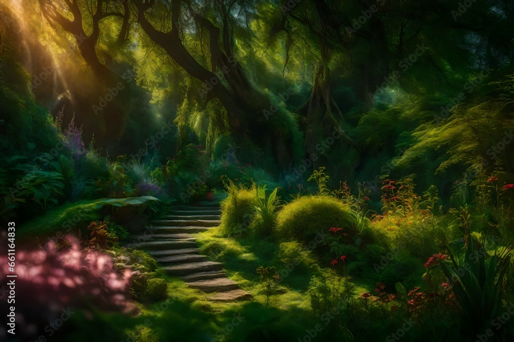 Obraz premium In a magical garden scene, in the style of epic fantasy scenes - AI Generative