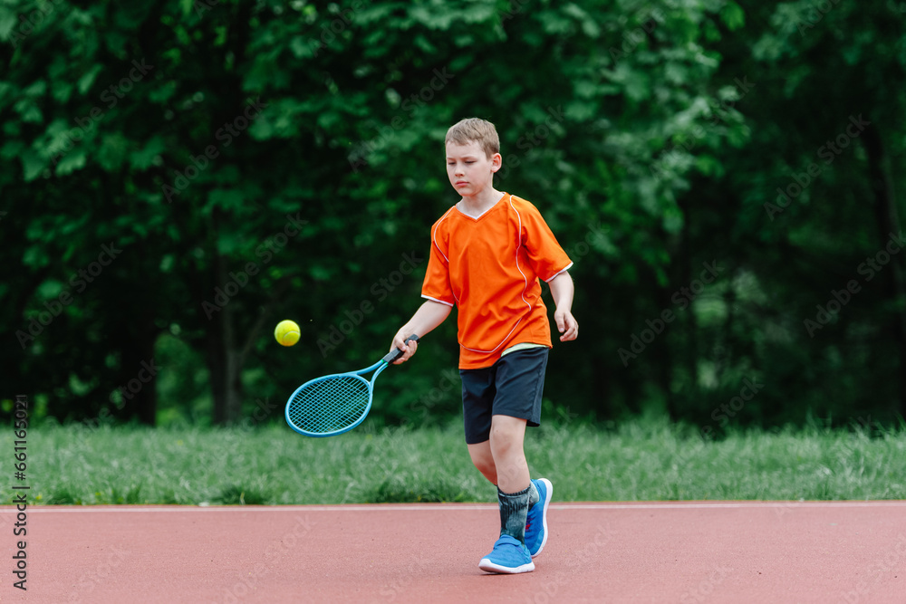 Child with tennis racket on tennis court. Training for young kid, healthy children. Horizontal sport theme poster, greeting cards, headers, website and app