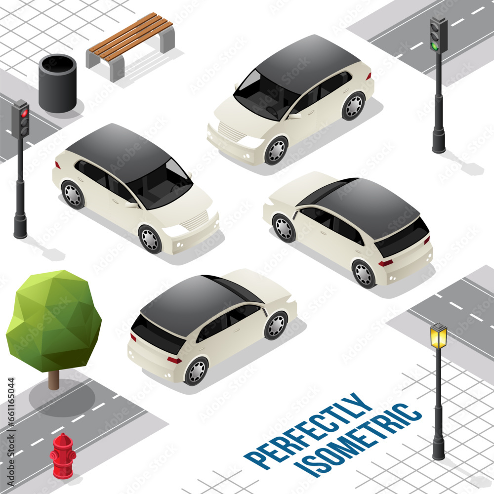 White and Black Isometric Hatchback Car from Front Back Right and Left White and Black Isometric Hatchback Car from Front Back Right and Left
