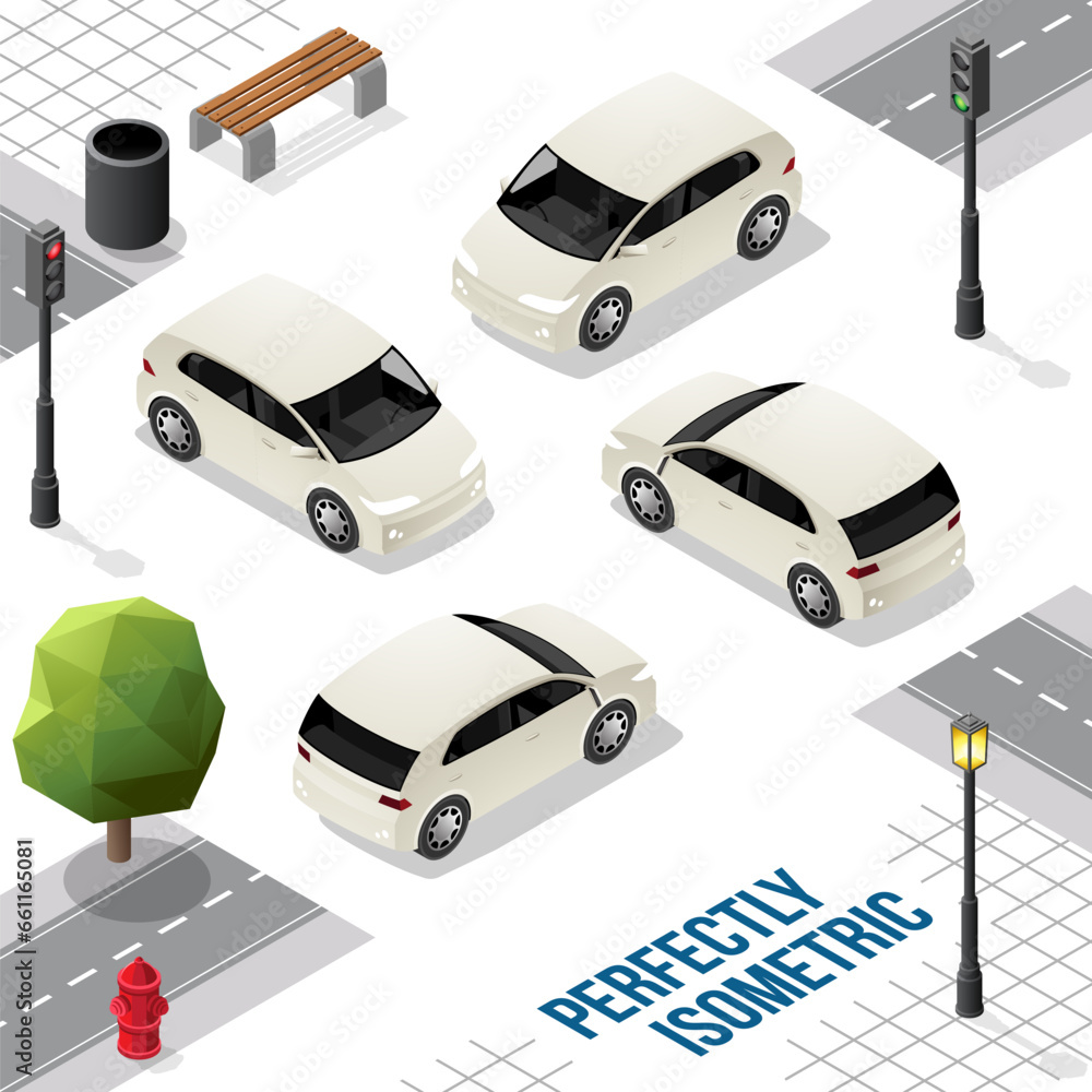 White Small Isometric Car from Front Back Right and Left White Small Isometric Car from Front Back Right and Left