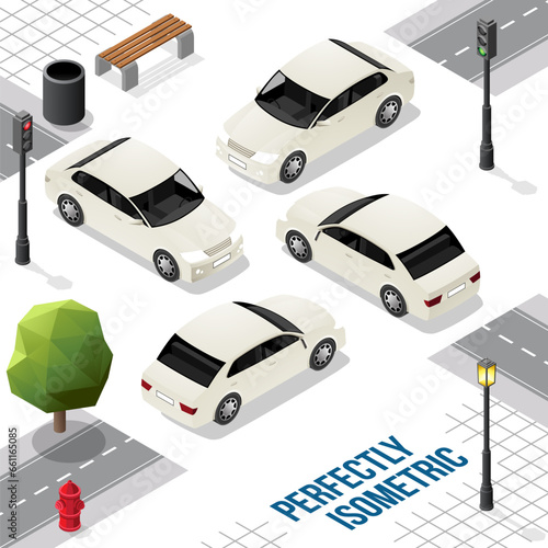 White Isometric Long Car from Front Back Right and Left