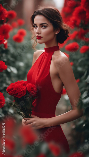 Beautiful girl with a good figure in a red dress holding a red flower.