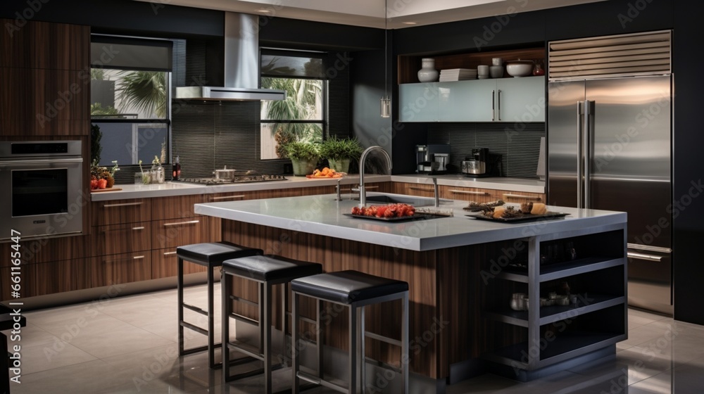 A modern kitchen with sleek countertops and state-of-the-art appliances, perfect for culinary enthusiasts.