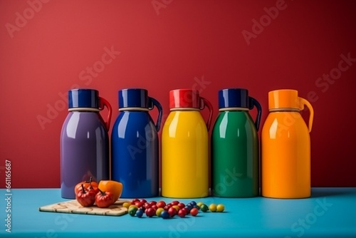 Colorful drinking flasks for school children with milk and snacks. Generative AI