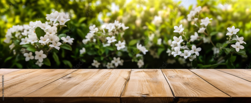 Empty rustic old wooden boards table copy space with jasmine trees or shrubs in background. Product display template. Generative AI Empty rustic old wooden boards table copy space with jasmine trees or shrubs in background. Product display template. Generative AI