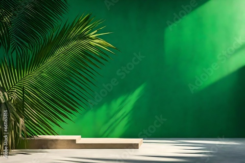 Minimal Wooden Podium Display Nature Concept With Sunlight Shadow Palm Leaf On Green Concrete Wall Abstract Background © Amal