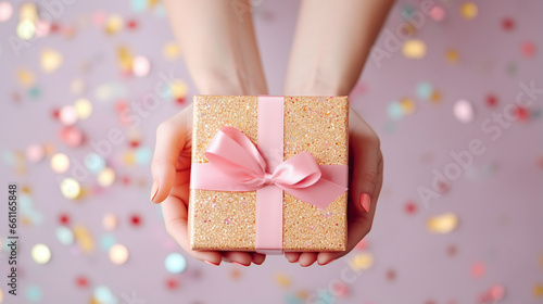 Woman hands holding a color giftbox with a ribbon