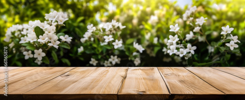 Empty rustic old wooden boards table copy space with jasmine trees or shrubs in background. Product display template. Generative AI
