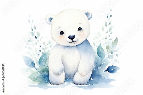 Cute polar bear cub on light background with green leaves
