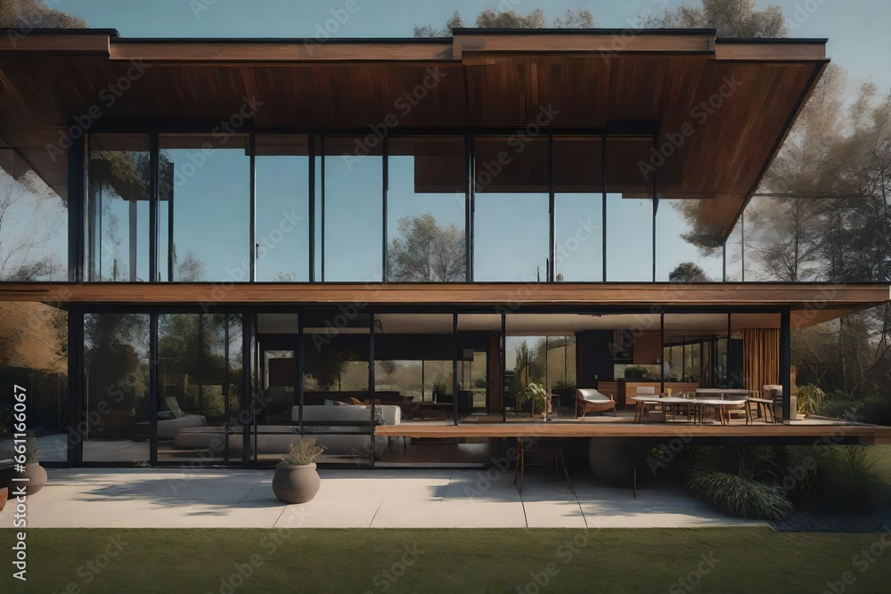 Mid-century modern house with a flat roof and floor-to-ceiling windows - AI Generative Mid-century modern house with a flat roof and floor-to-ceiling windows - AI Generative