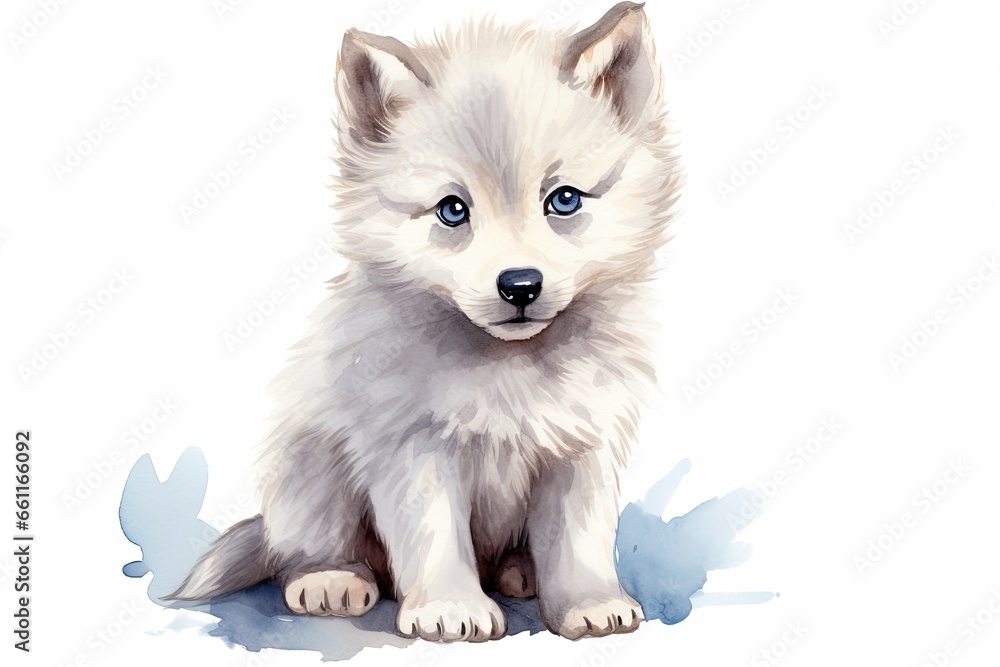 White little wolf cub on white background