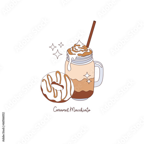 Coffee break crema caramel macchiata and donut dessert vector illustration isolated on white. Groovy coffee print.