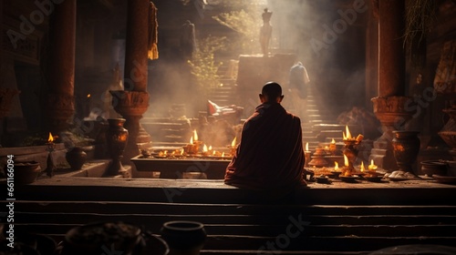 A monk offering prayers with incense in a centuries-old temple.