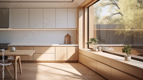 A narrow  elongated window allowing light into a modern kitchen.