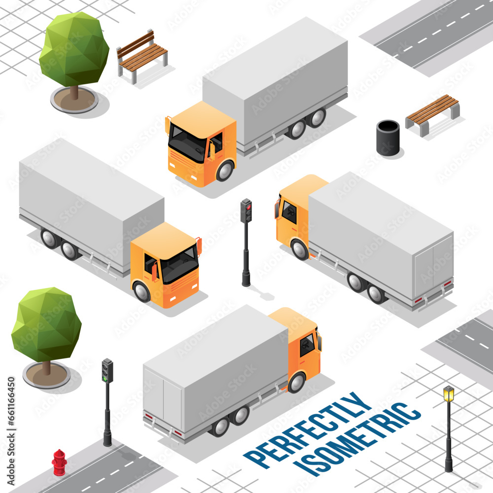 Yellow Isometric Big Truck from the Front Back Right and Left Views Yellow Isometric Big Truck from the Front Back Right and Left Views