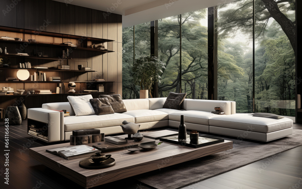 A minimalist dark style with a large area of white space in the large flat living room design A minimalist dark style with a large area of white space in the large flat living room design